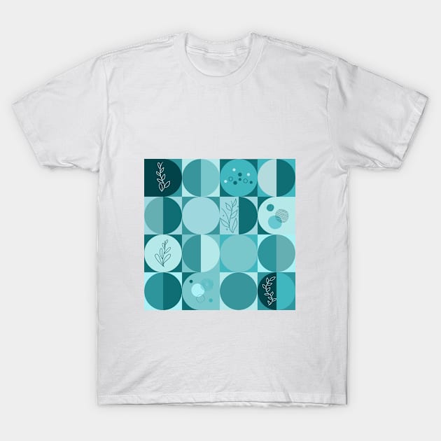 repeating geometry pattern, squares and circles, ornaments, teal color tones T-Shirt by Artpassion